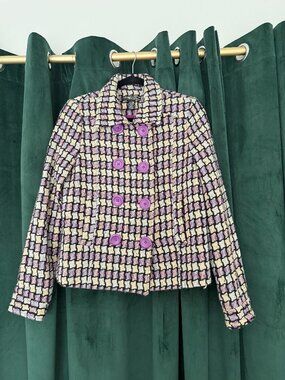 Vintage Vertigo Paris Tweed Cropped Jacket Purple Buttons Double Breasted Size M